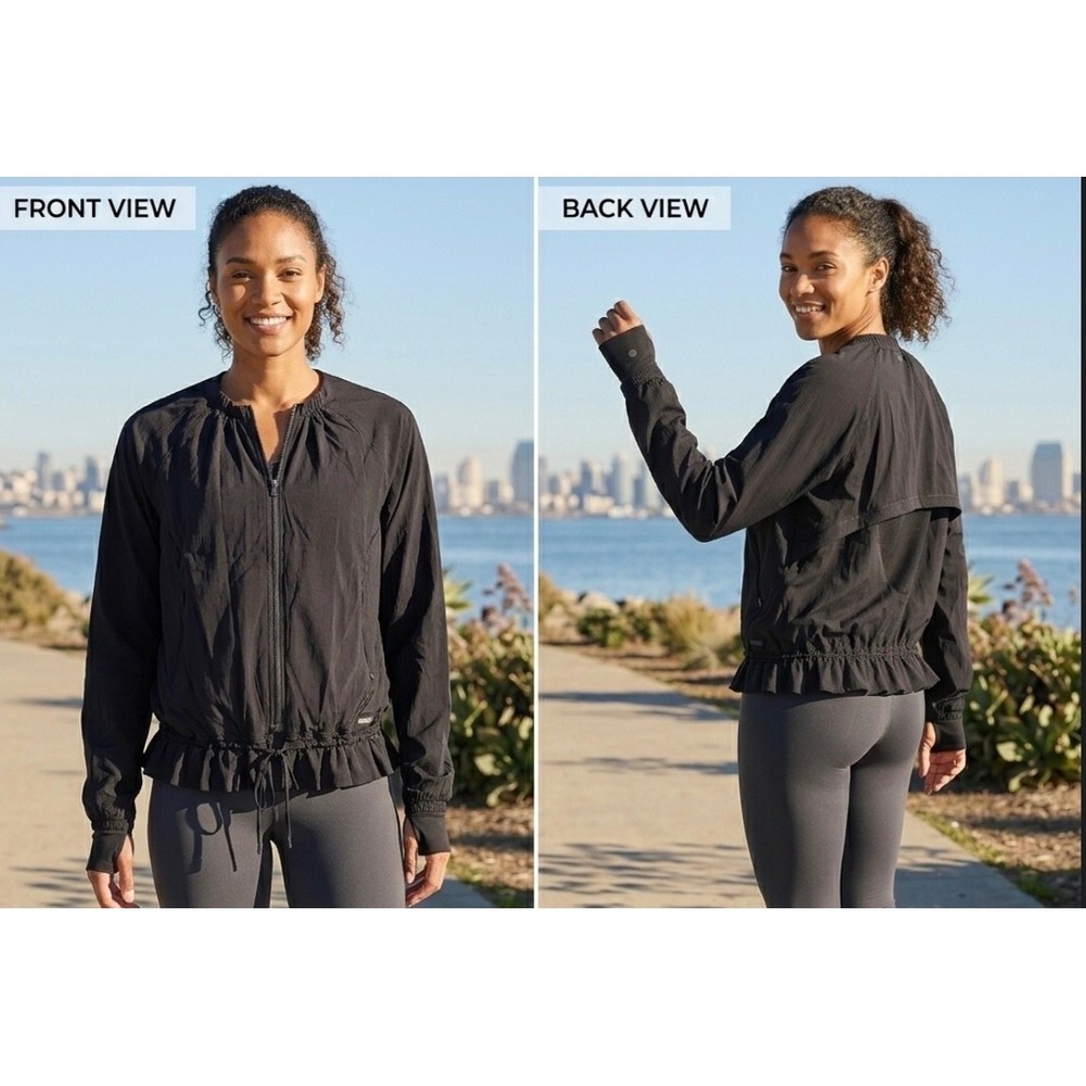 Athleta Bomber Jacket Women‎ S Black Peplum Cinched Waist Full Zip Active